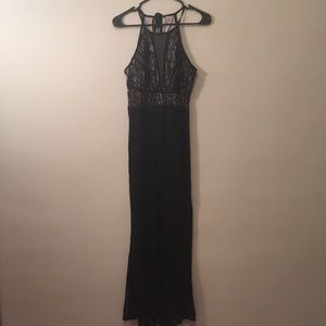Floor length navy formal lace gown